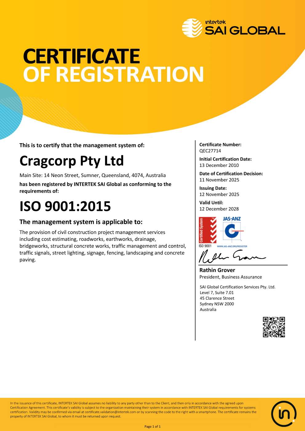 Quality Assurance Certificate